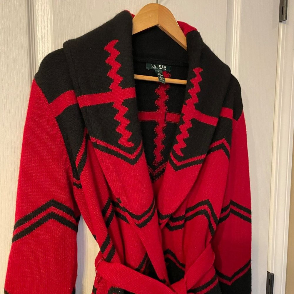 Lauren Ralph Lauren | Red Black Lambswool Aztec Belted Shawl Cardigan L Large - Picture 3 of 8